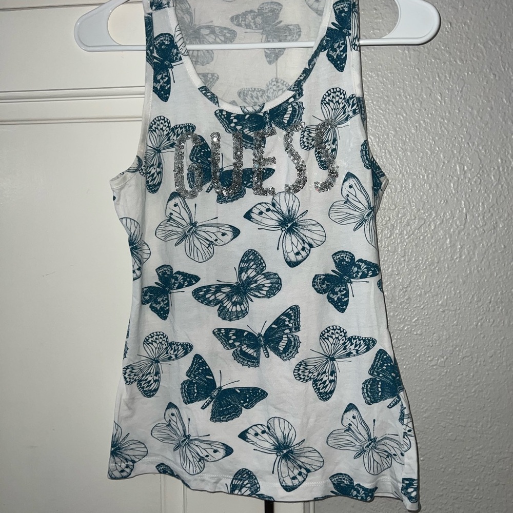 Guess White and Teal Butterfly Print Women's Tank Top